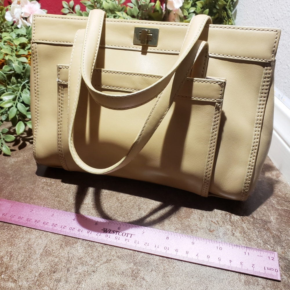 -Vintage Light Tan Leather Nordstrom Brand Satchel Handbag with Lavender Fabric